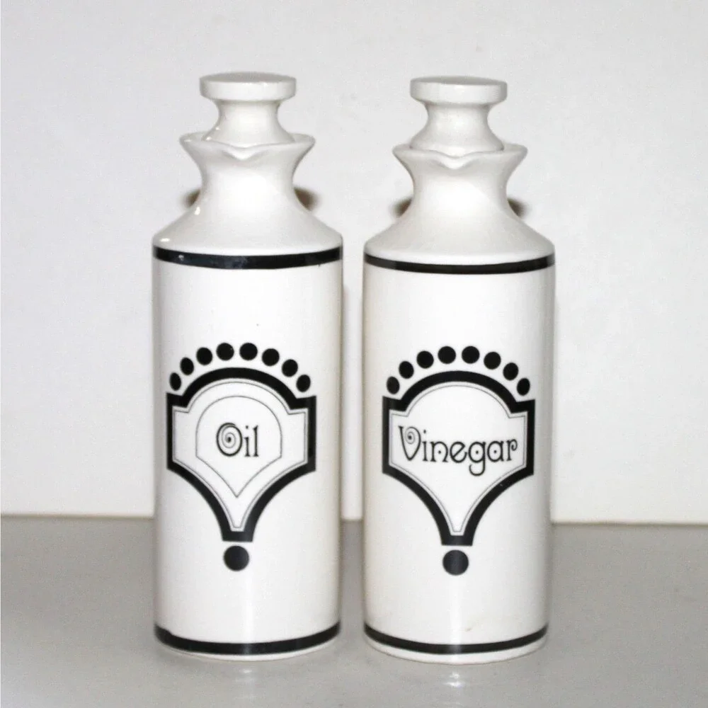 Vintage Set Oil Vinegar ceramic Japan Mid Century Modern black white mod